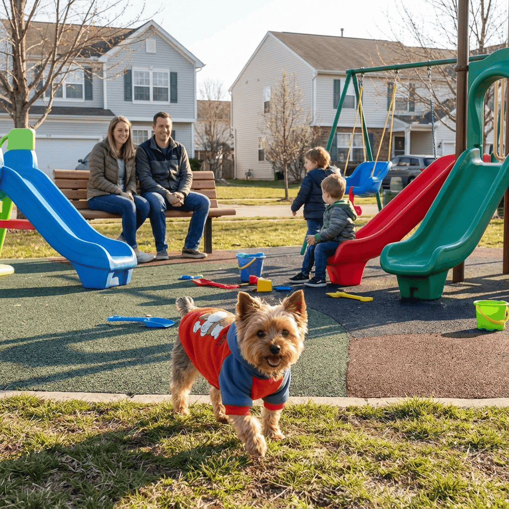 Snuggle Bear Dog Hoodie on a Yorkie playing at a park with kids and parents, showcasing warmth and cuteness.