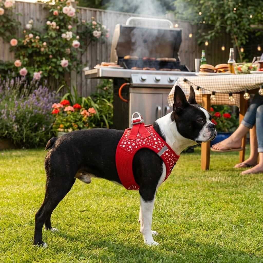 Dog wearing SnuggleFit Teddy Dog Harness in garden during BBQ, showcasing comfort and style for Dogs & Cats.