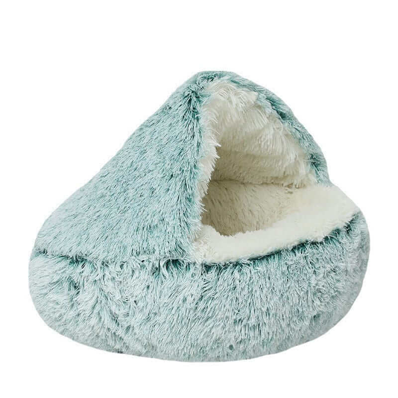 SnuggleNest Plush Cave Cat Bed - Plush cave bed for cats and small dogs, featuring cozy plush fabric and a cave-like cover.