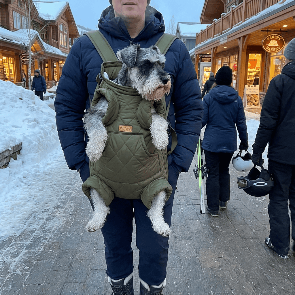 SnugglePack Pet Backpack Carrier with Hidden Hood with dog in a winter setting, showcasing comfort and style.