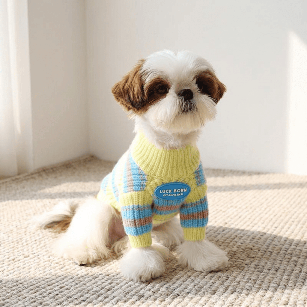 SnugglePaws Knit Dog Sweater on a small dog, featuring premium materials and stylish design from Dogs & Cats brand.