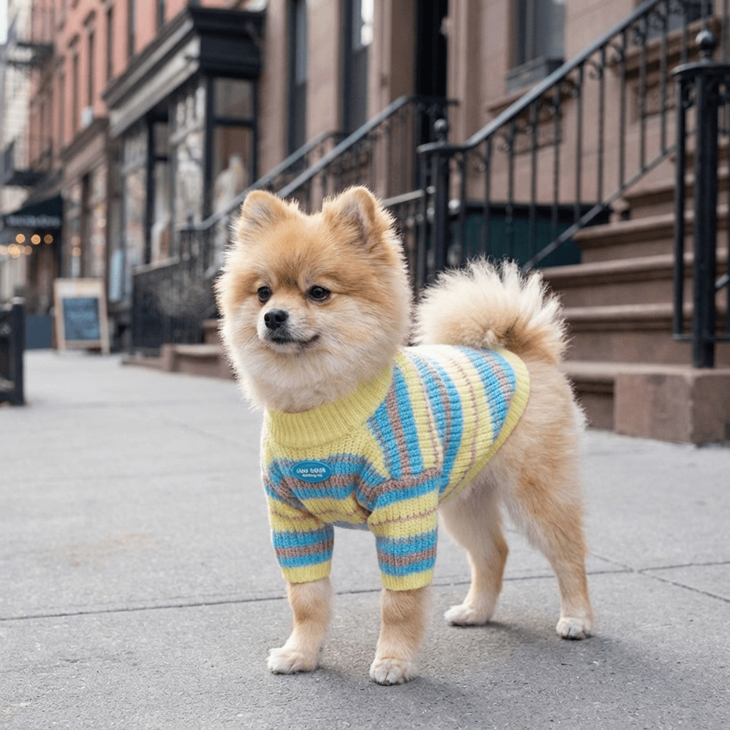 SnugglePaws Knit Dog Sweater on a stylish Pomeranian in a cozy autumn setting, showcasing comfort and warmth for small dogs.