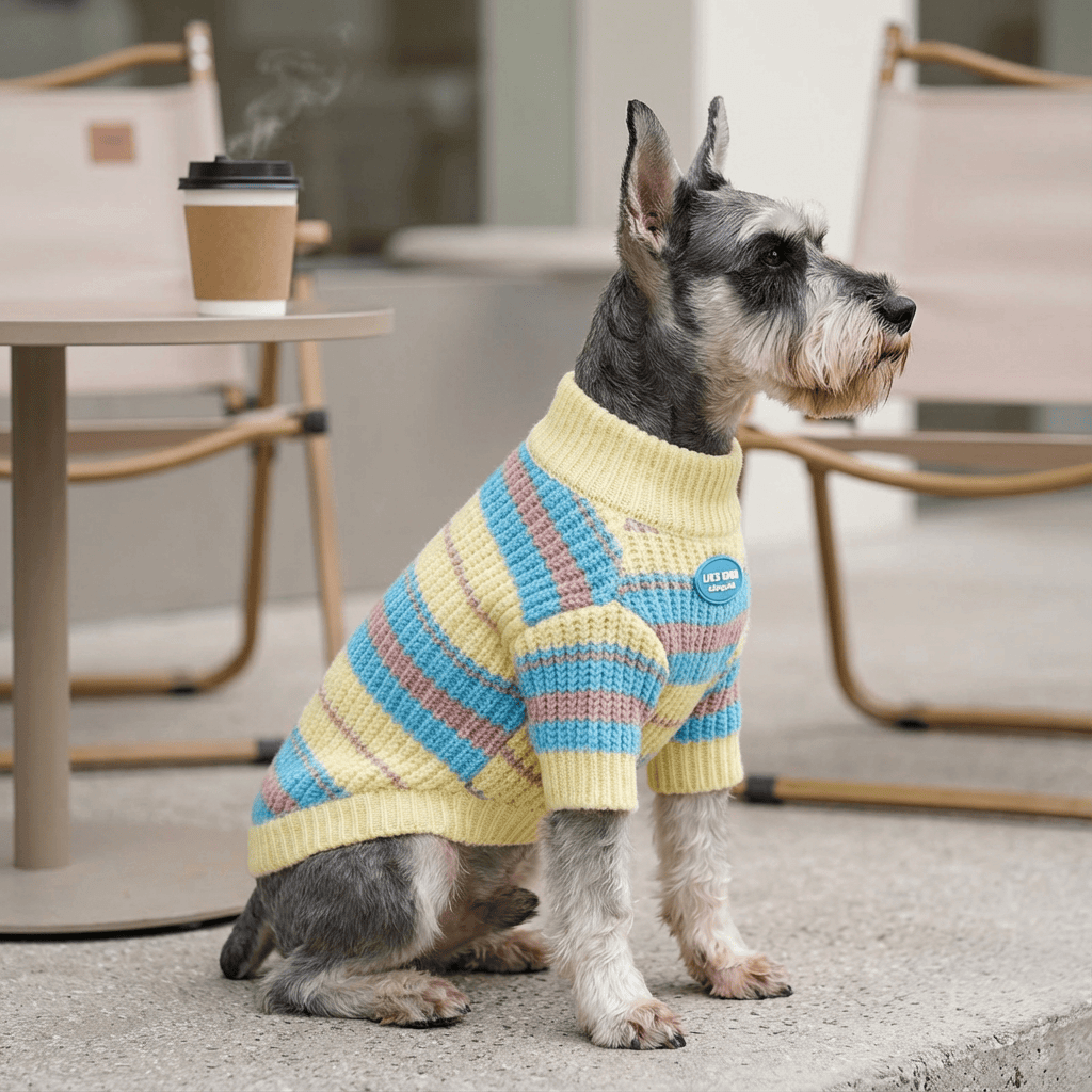 SnugglePaws Knit Dog Sweater on a Schnauzer, featuring soft materials and stylish stripes, keeping dogs cozy.