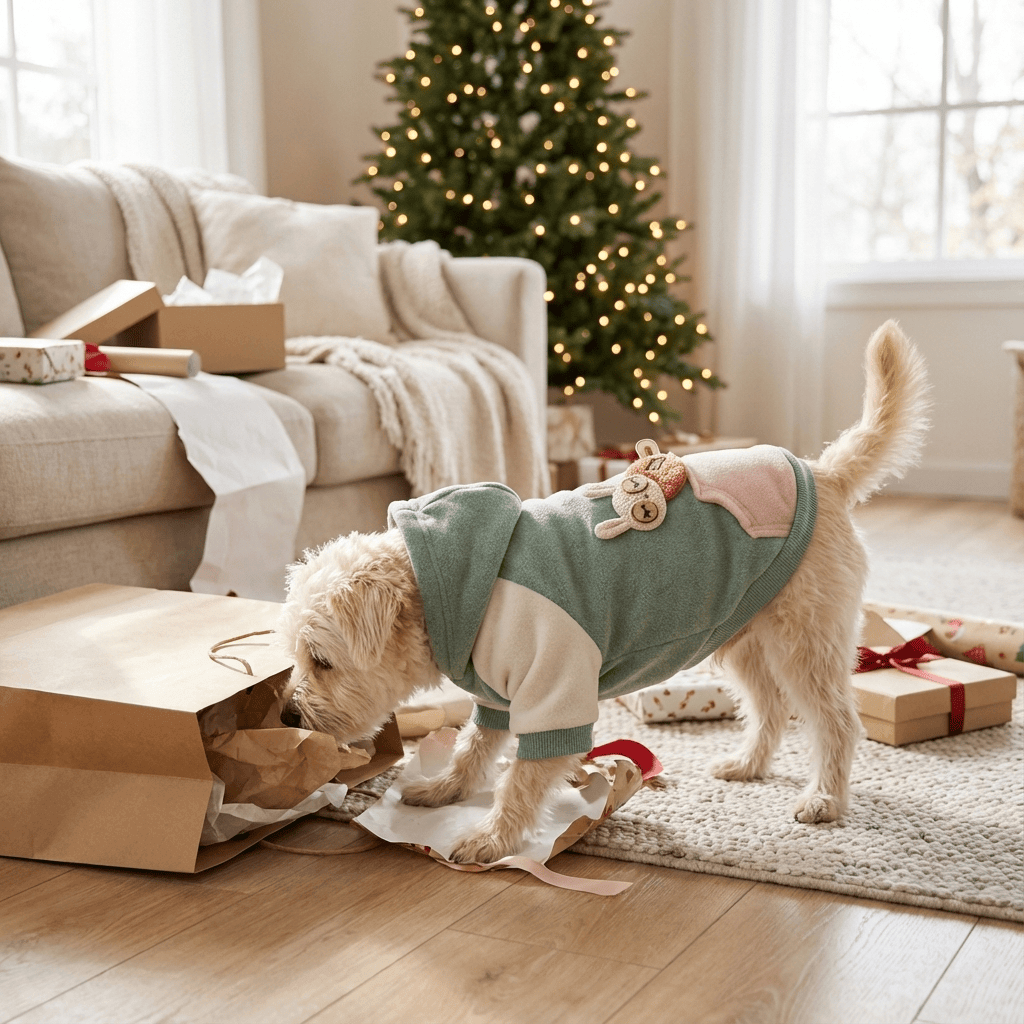 SnugglePup Dog Hoodie on a small dog exploring Christmas gifts in a cozy living room, perfect for dogs and cats by the Dogs & Cats brand.