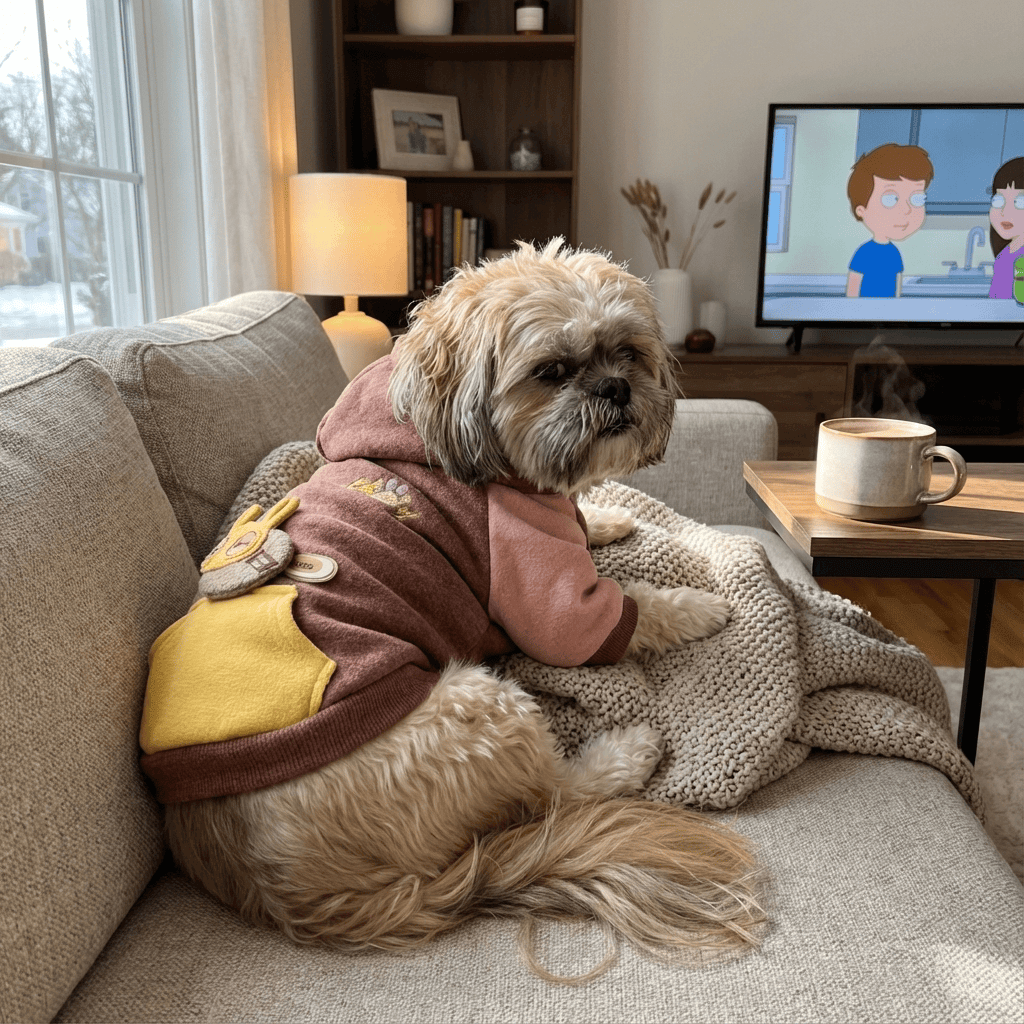 SnugglePup Dog Hoodie on a small dog lounging on a couch, showcasing comfort and warmth in a cozy home setting.