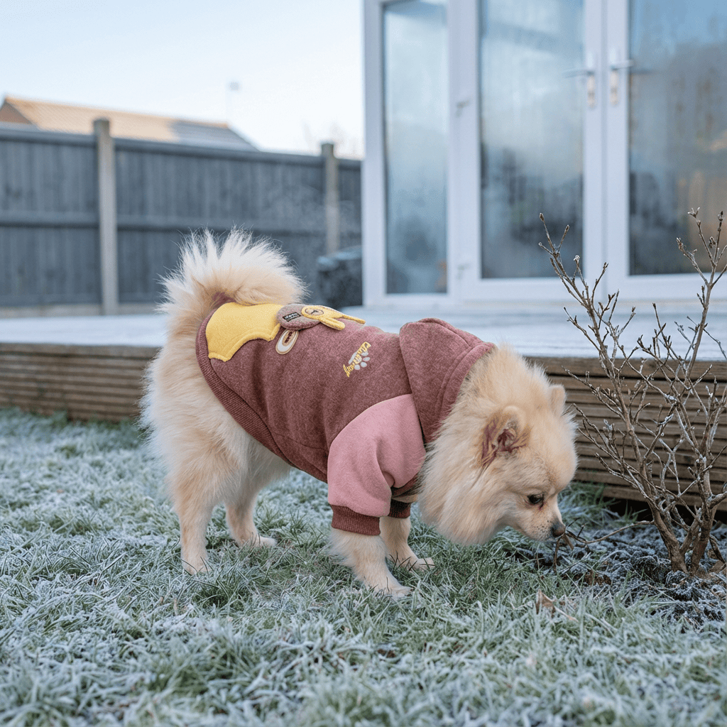 SnugglePup Dog Hoodie on small dog in winter environment, featuring plush cotton for warmth and comfort.