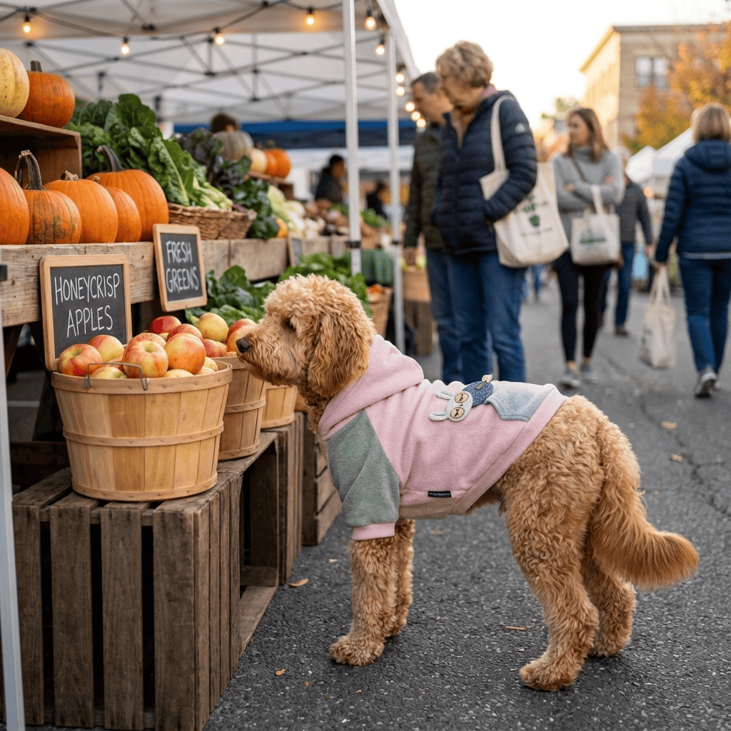 A small dog wearing a SnugglePup Dog Hoodie sniffing apples at a market surrounded by pumpkins and vegetables.
