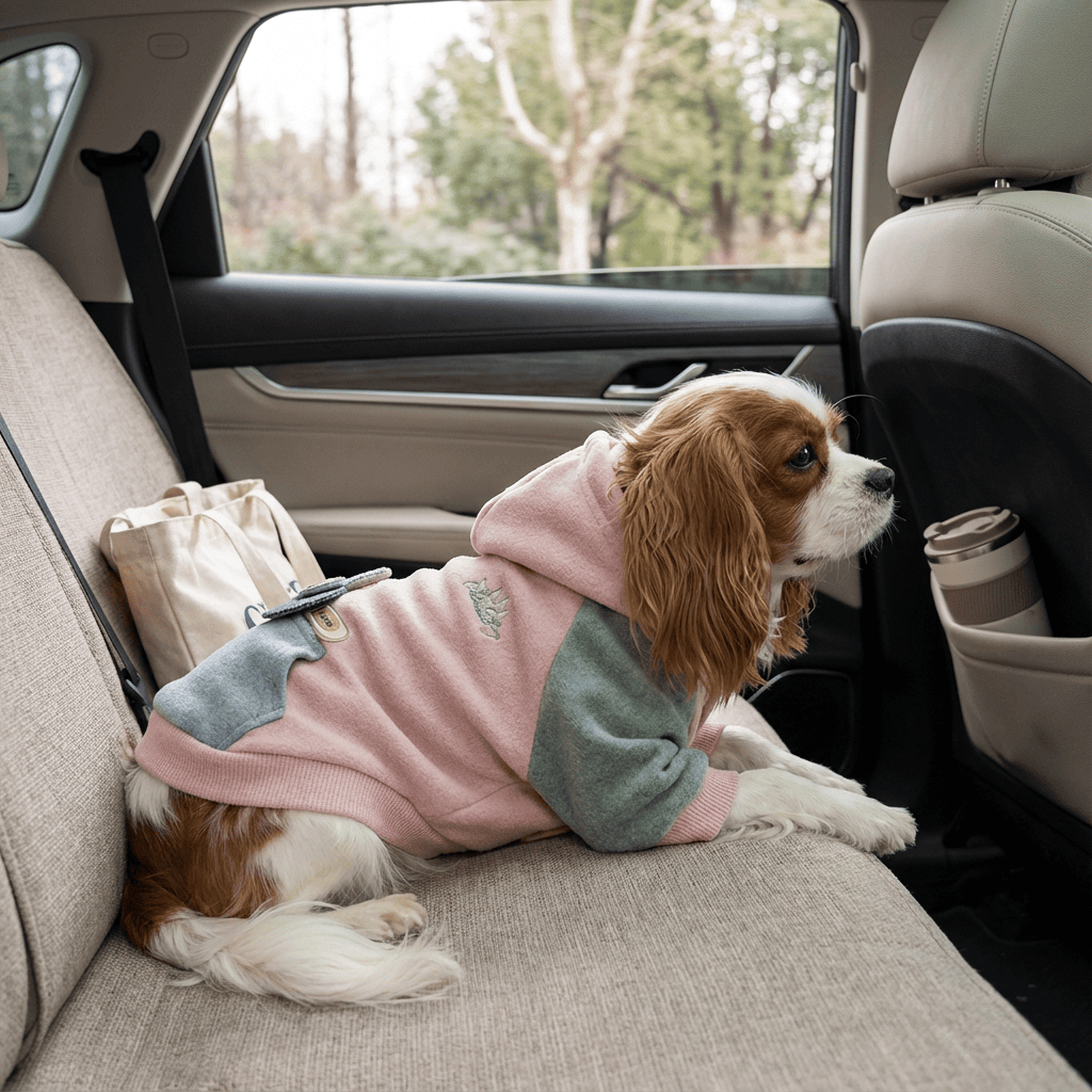 SnugglePup Dog Hoodie on a Cavalier King Charles Spaniel sitting in a car, showcasing comfort and style for small dogs.