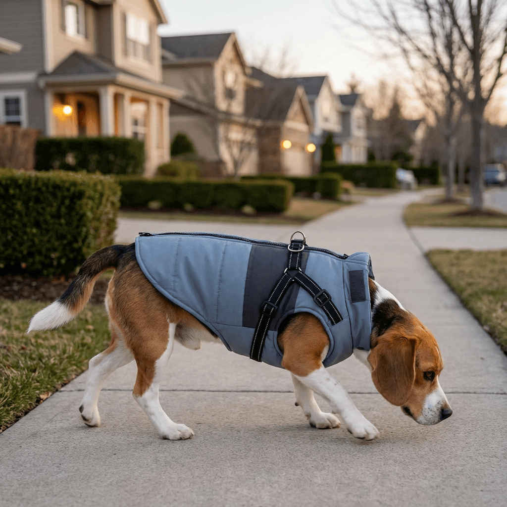 Beagle wearing SnugglePup Fleece Vest, a stylish and warm vest for dogs with integrated D-ring.