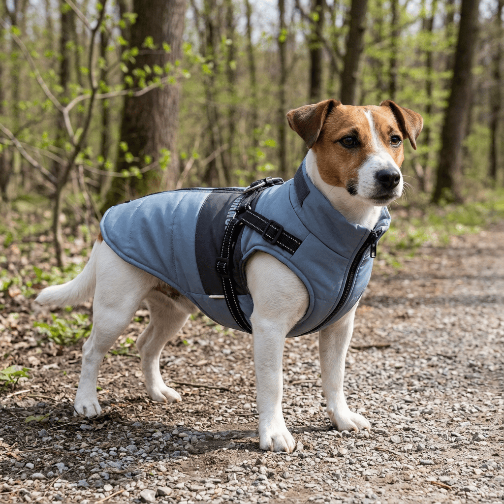 Small dog wearing SnugglePup Fleece Vest, featuring soft fleece material and practical D-ring for comfort during walks.