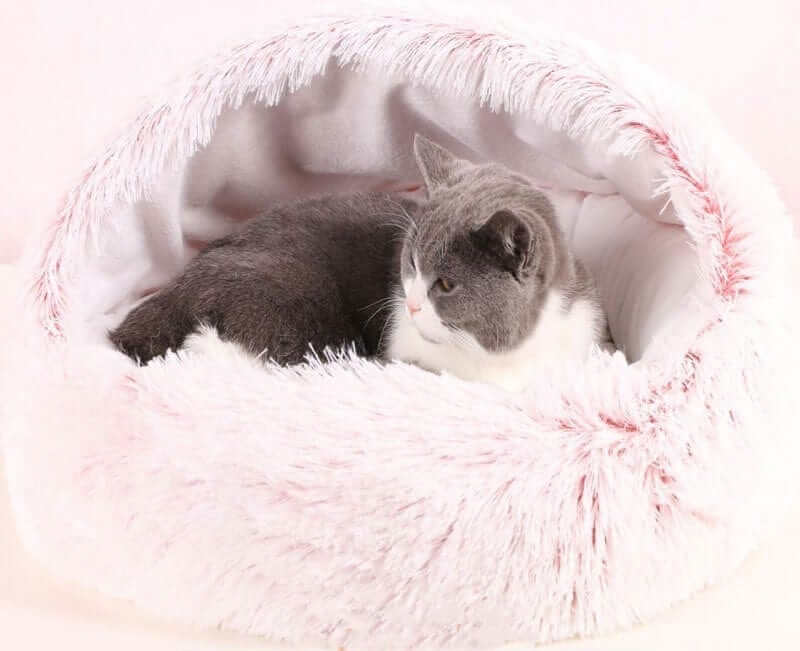 SnuggleNest Plush Cave Cat Bed featuring a cozy cat snuggled inside soft plush fabric for dogs & cats.