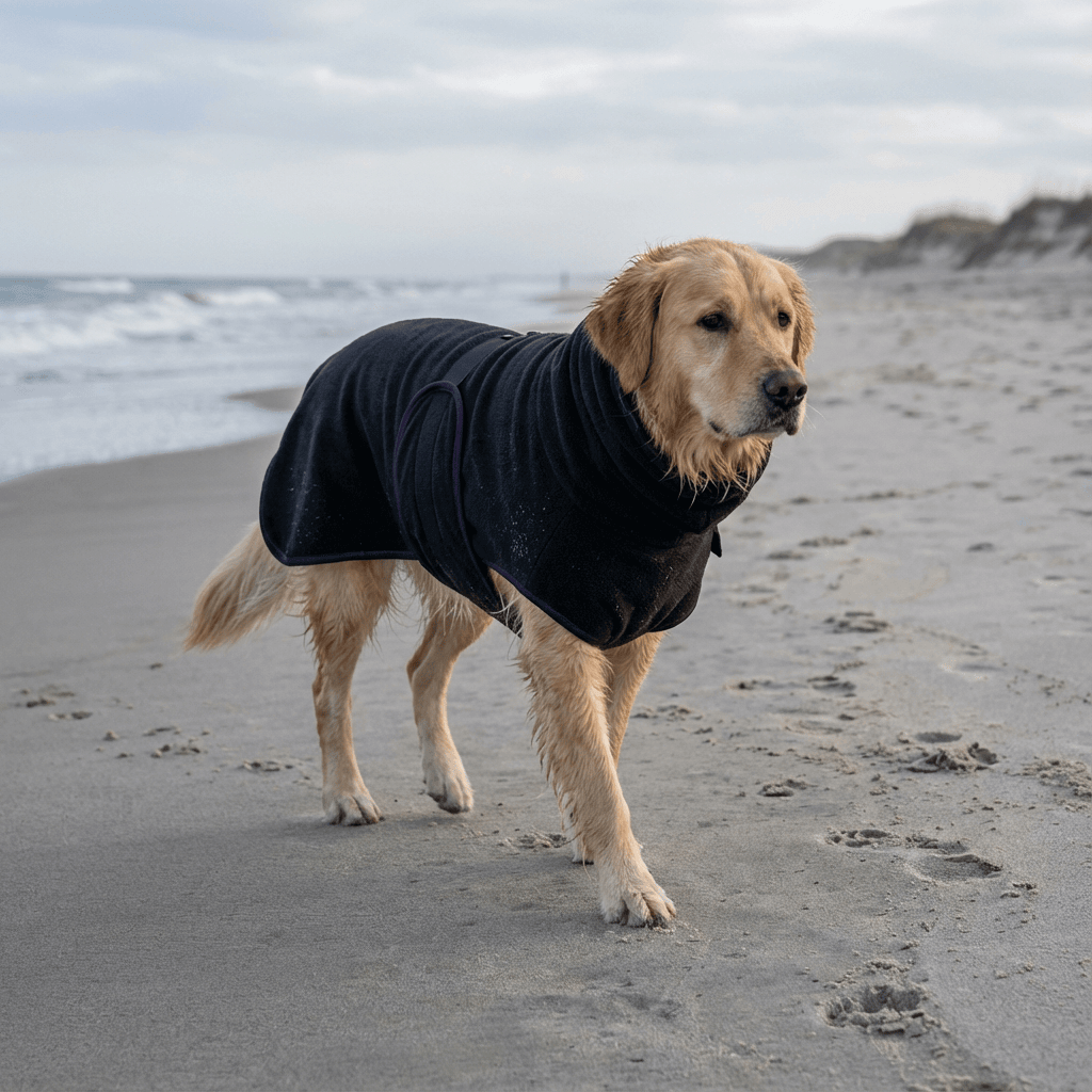 Golden Retriever wearing a SnugPaws Winter Dog Coat on the beach, showcasing warmth and comfort for outdoor activities.