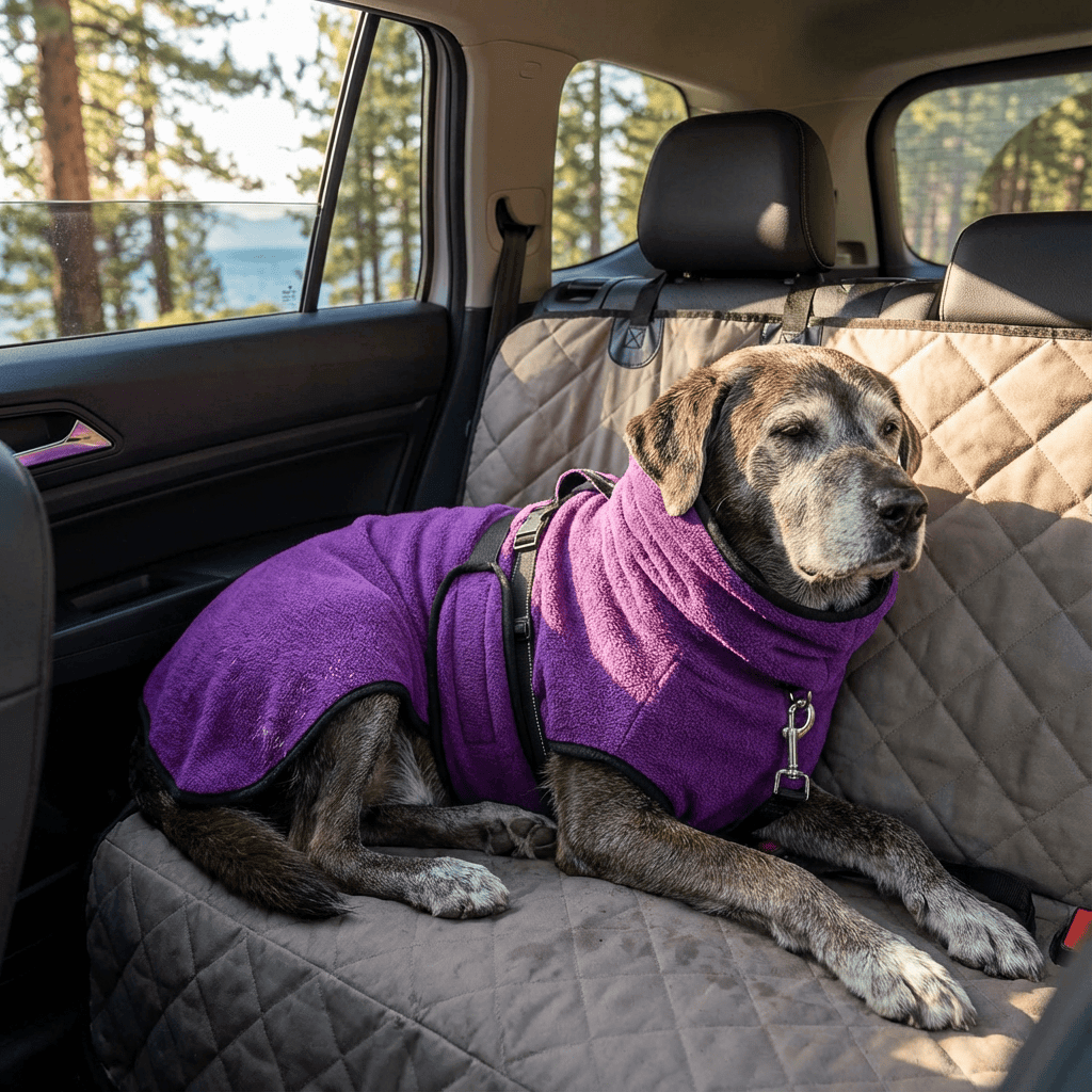 SnugPaws Winter Dog Coat on a comfortable dog in a car, featuring fleece lining and adjustable fit for ultimate warmth.