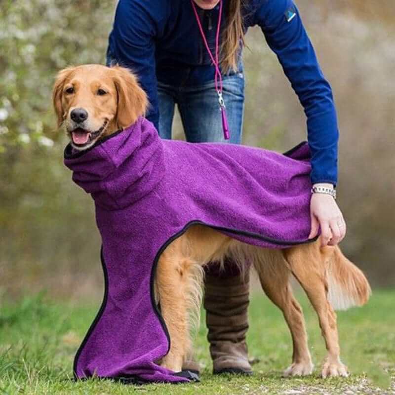 SnugPaws Winter Dog Coat on a Golden Retriever, featuring a plush fleece lining and adjustable band for comfort.