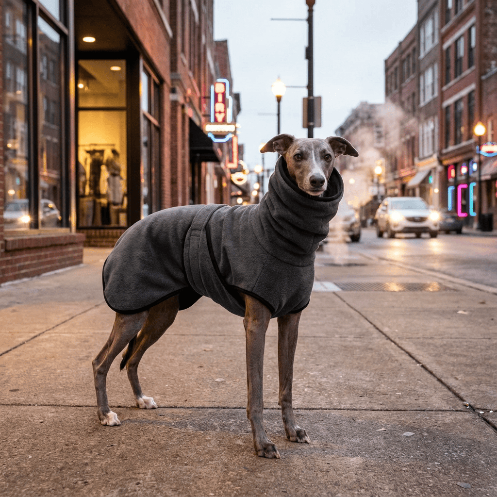 SnugPaws Winter Dog Coat on a Greyhound, featuring plush fleece lining for warmth and comfort during winter walks.
