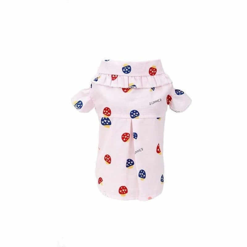 So Lovely Lightweight Shirt Dress for Dogs & Cats, featuring a high neck, short sleeves, and vibrant mushroom pattern.