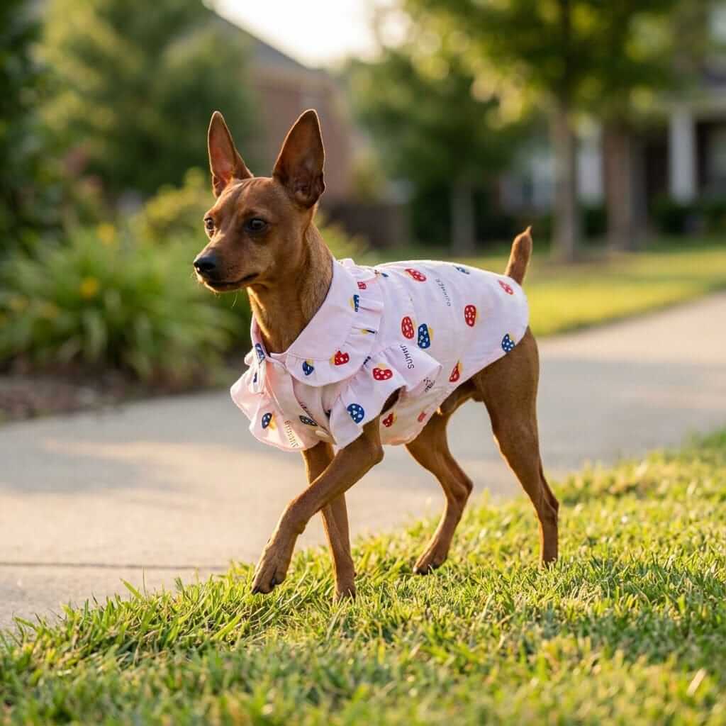 So Lovely Lightweight Shirt Dress on a dog in a vibrant pattern featuring short sleeves by Dogs & Cats.