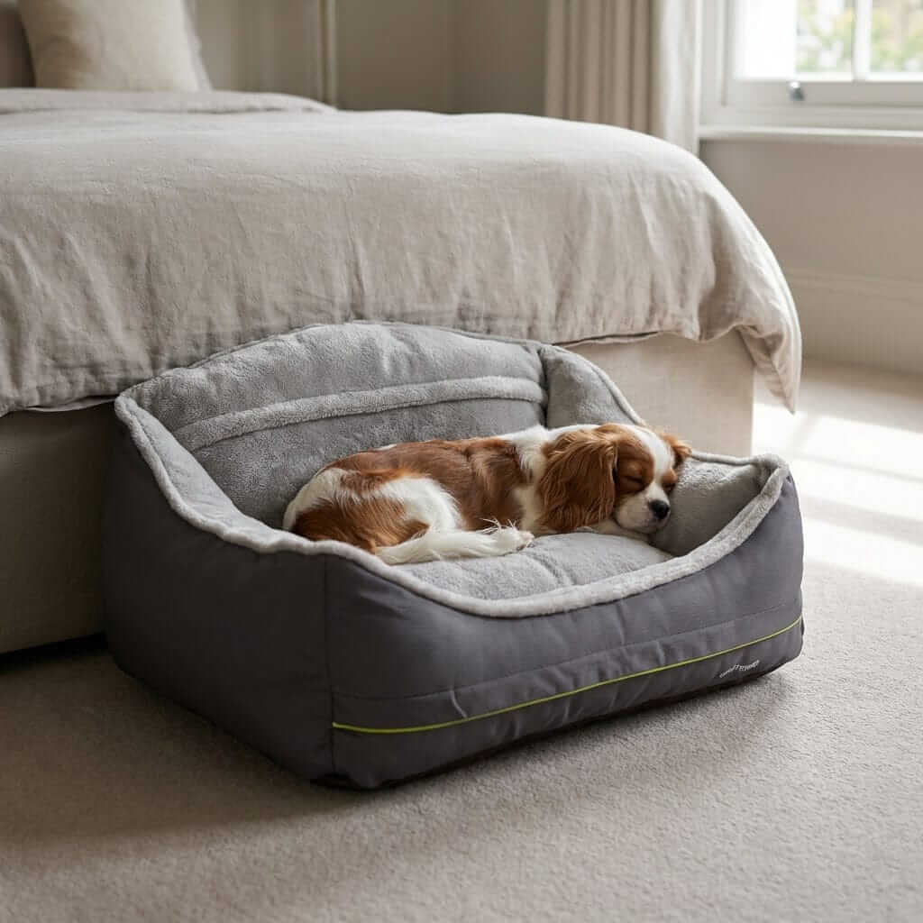 Sofa Style Waterproof Dog Bed with side bolsters, cozy plush area, ideal for Dogs & Cats in a stylish bedroom setting.
