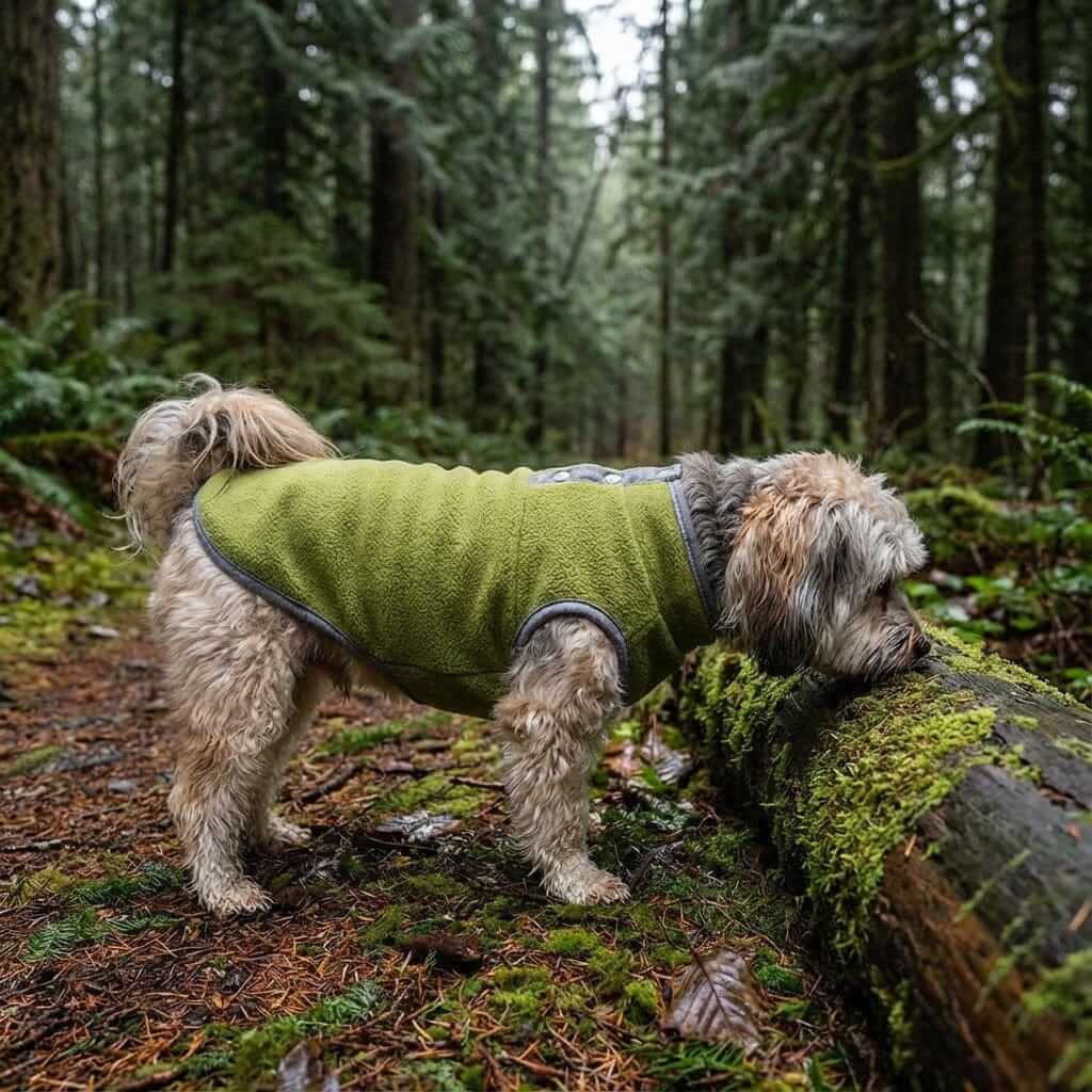 Soft Fleece Lightweight Dog Sweater on a dog exploring a forest, showcasing its breathable and cozy design.