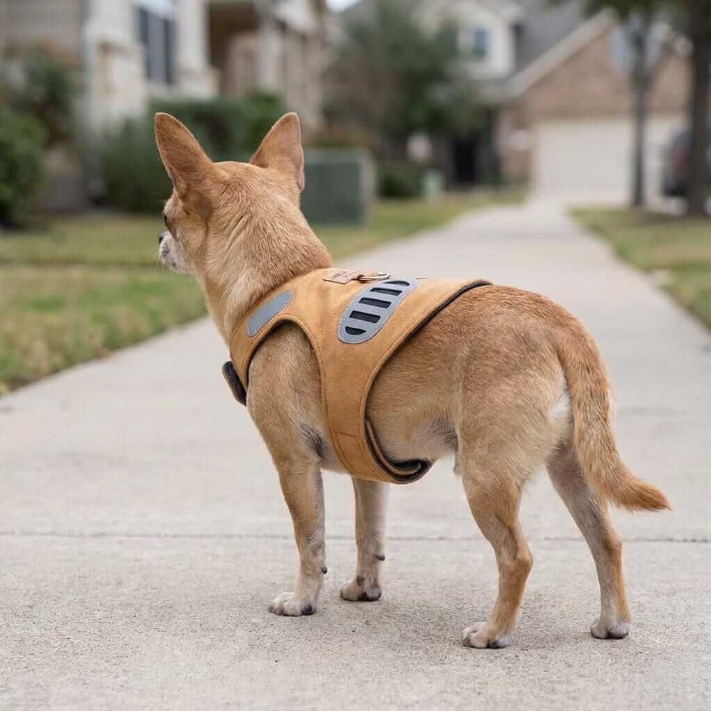 Chihuahua wearing Soft Suede Harness Traction Rope showcasing comfort features on a suburban street.