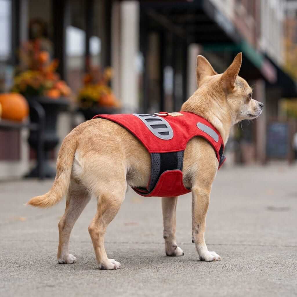Soft Suede Harness Traction Rope on a small dog outdoors with reflective accents and soft padding for comfort.