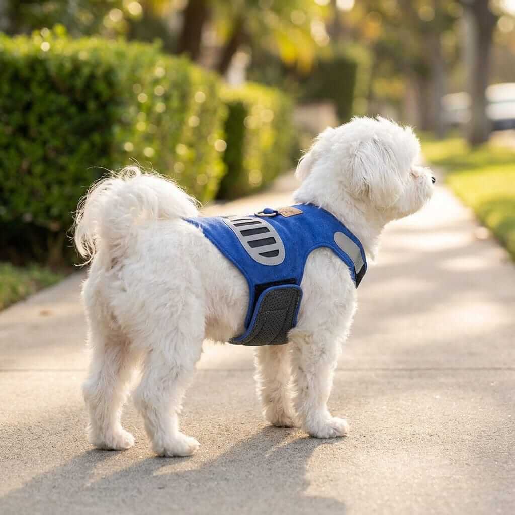 Dog wearing Soft Suede Harness Traction Rope, lightweight and padded for comfort, perfect for walks and adventures.