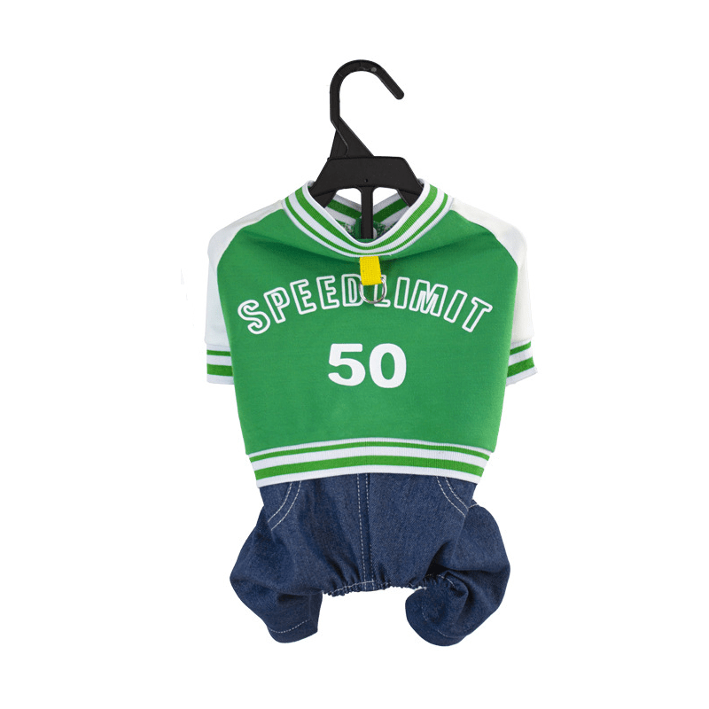 Speed Limit Pet Sports Jumpsuit - Stylish green and denim outfit for small dogs - Perfect for all seasons
