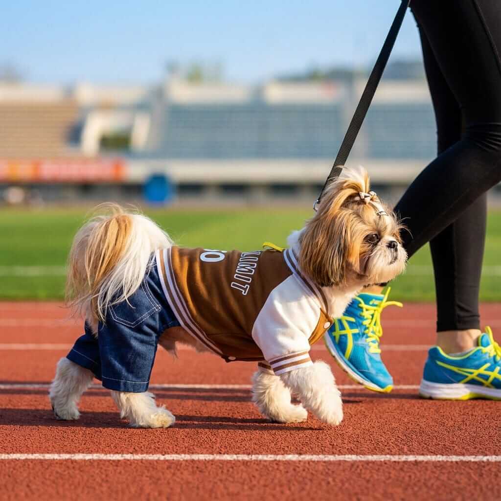 Speed Limit Pet Sports Jumpsuit on small dog walking on track, stylish and functional for pets by Dogs & Cats.