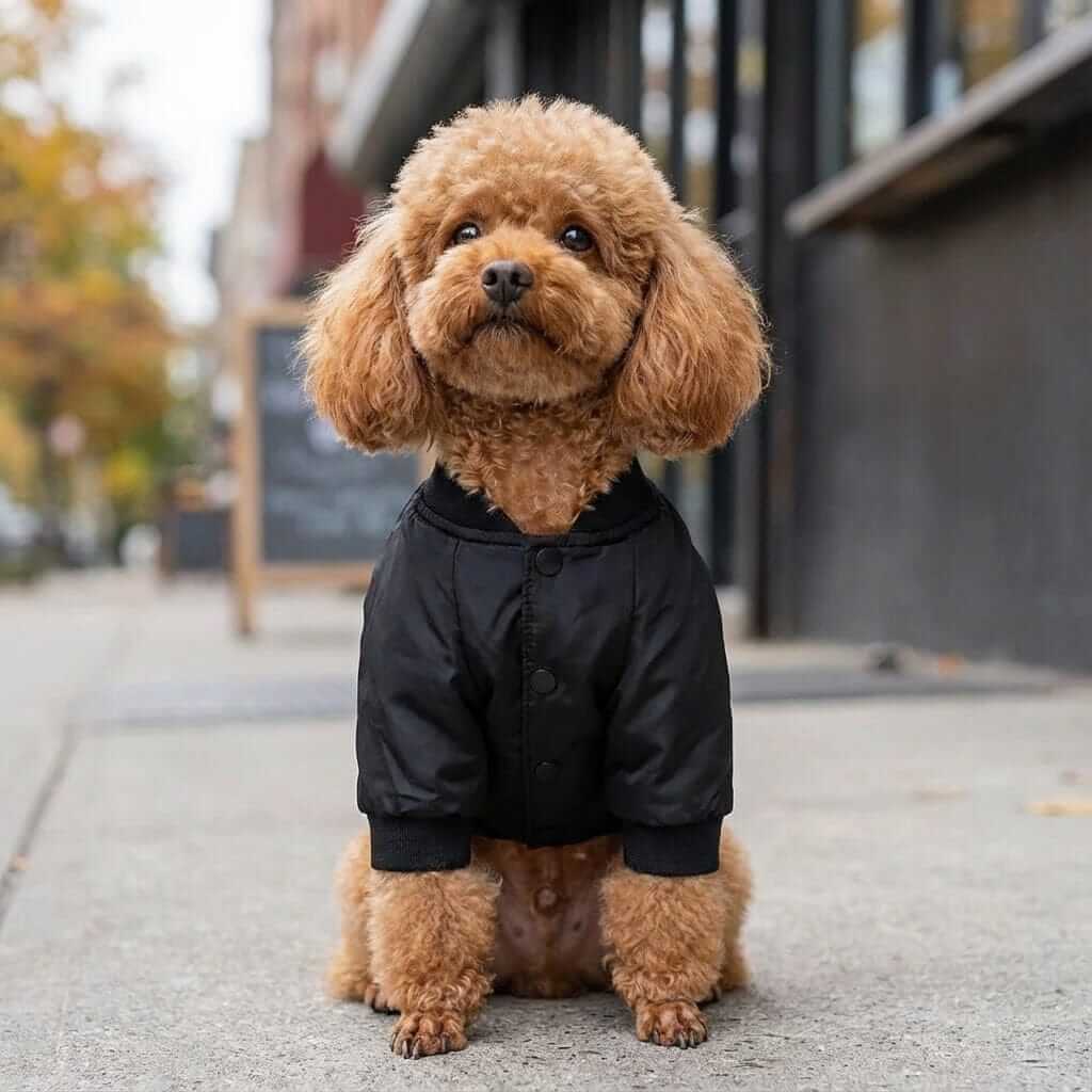 Speed Zone Dog Jacket on a fluffy brown dog, showcasing comfort and style for dogs & cats. Perfect for winter walks.