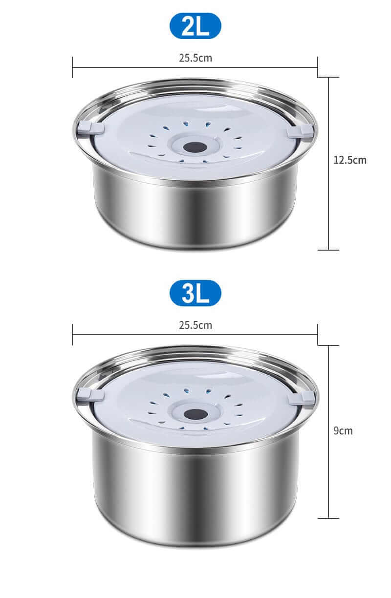 SplashGuard Dog Water Bowl dimensions comparison of 2L and 3L sizes, featuring stainless steel and splash-proof design.