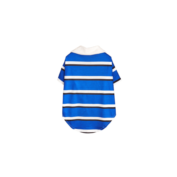 Sporty Stripe Pet Polo blue striped pet polo shirt for small dogs, breathable fabric from Dogs & Cats.