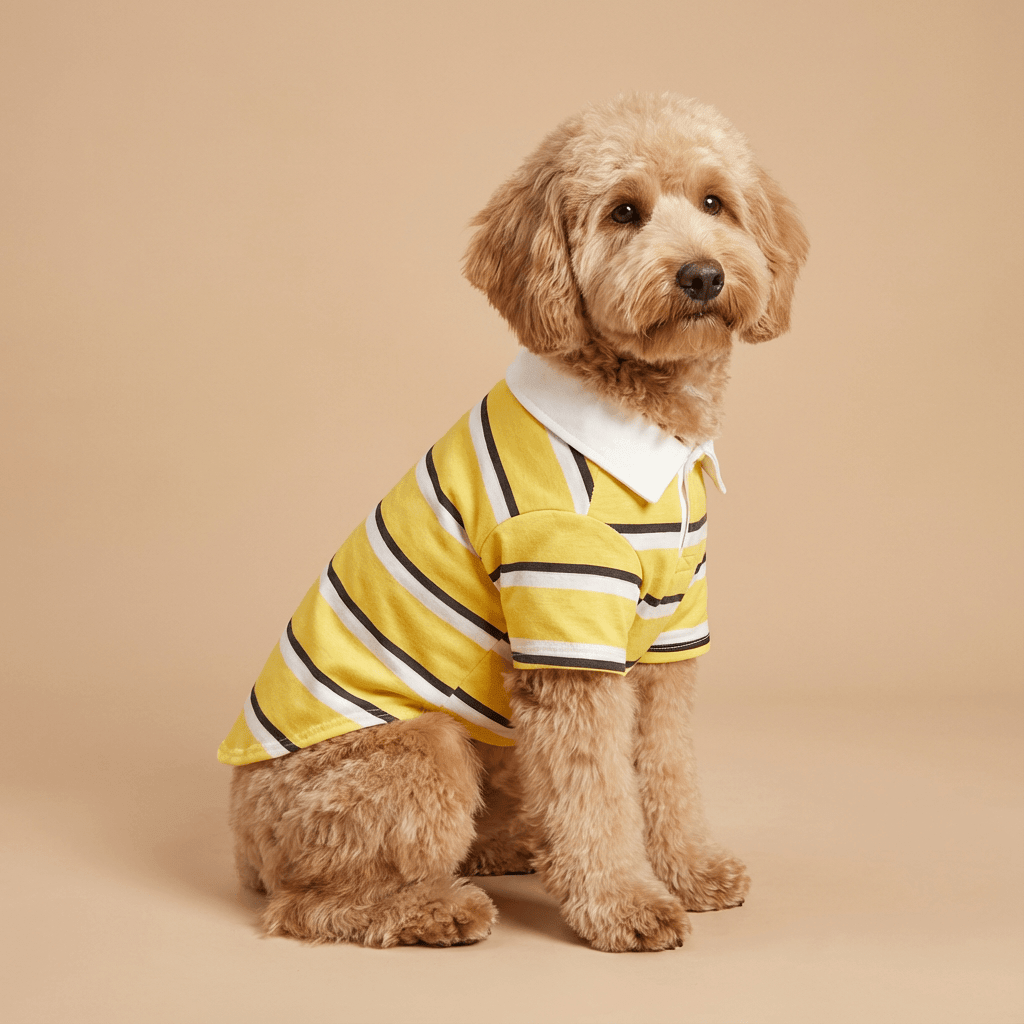 Sporty Stripe Pet Polo - trendy striped polo shirt for small dogs from Dogs & Cats brand, made with breathable fabric.