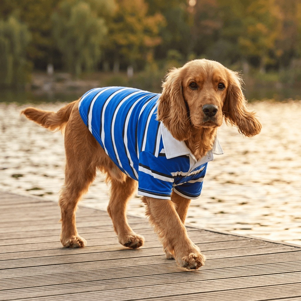 Sporty Stripe Pet Polo worn by a golden retriever, featuring classic stripe design for small dogs by Dogs & Cats.