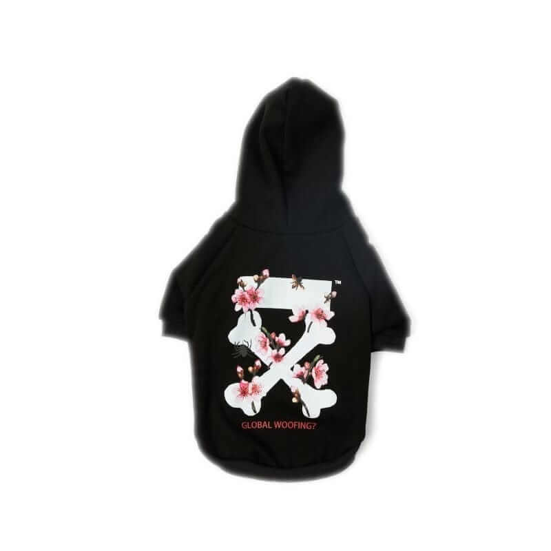 Sporty Winter Dog Hoodie for Dogs & Cats, stylish black hoodie with floral design and Global Woofing slogan.