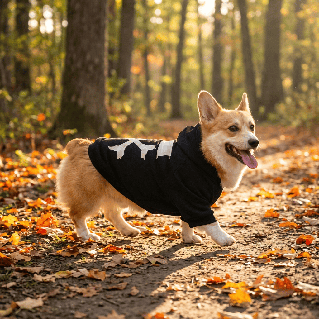 Sporty Winter Dog Hoodie on a corgi walking in autumn leaves, showcasing warmth and style for dogs.
