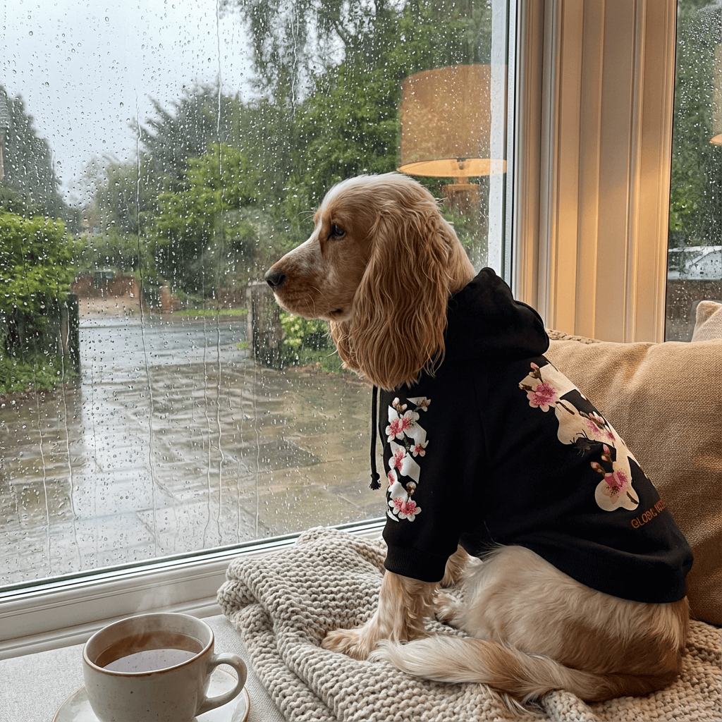 Sporty Winter Dog Hoodie on a dog sitting by the window, featuring playful floral design, perfect for winter outings.
