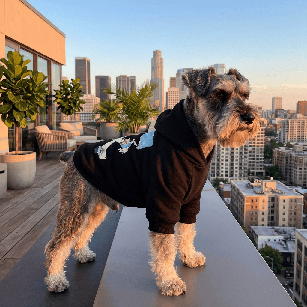 Sporty Winter Dog Hoodie worn by a dog against a city skyline, showcasing its cozy design and style for Dogs & Cats.