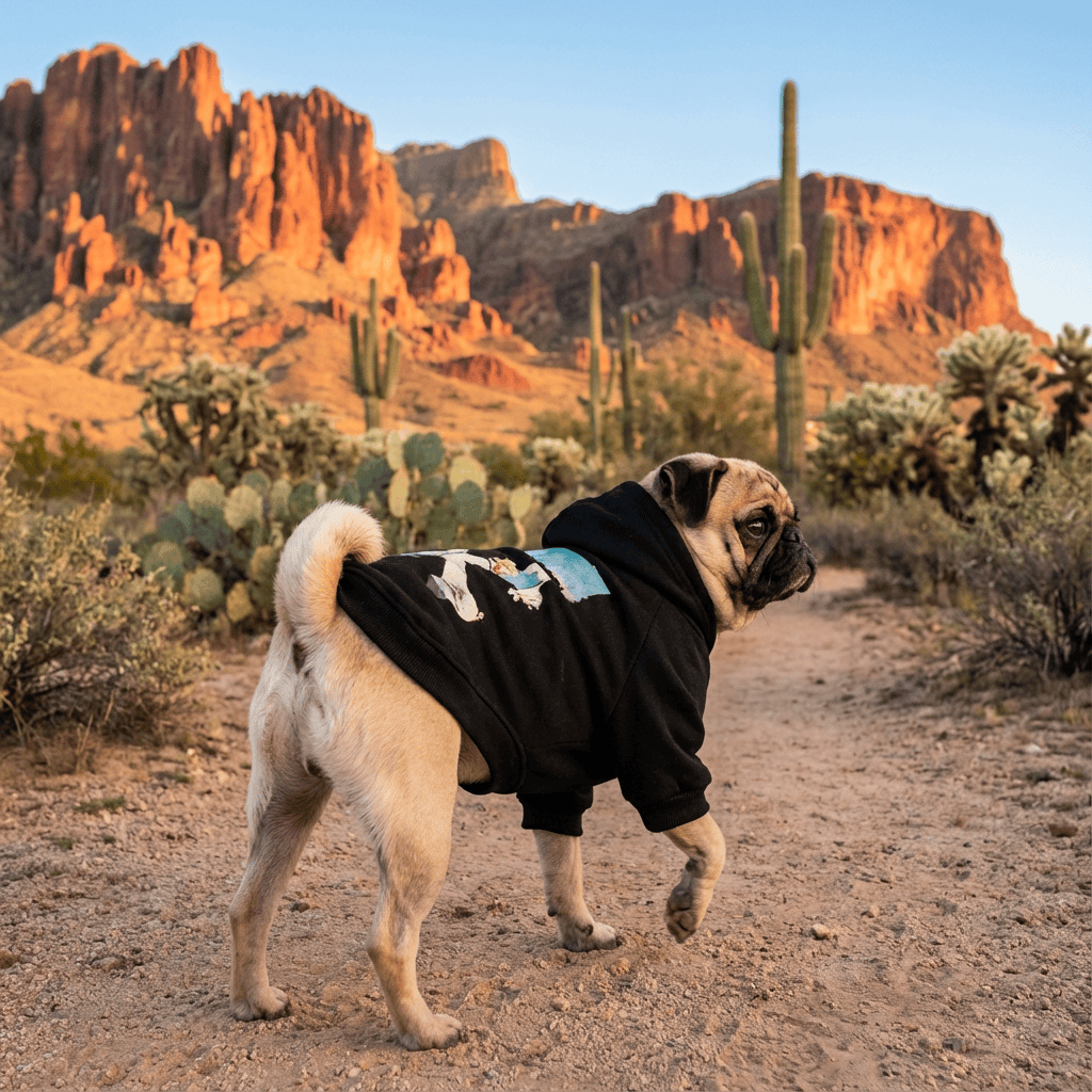 Sporty Winter Dog Hoodie on a pug in the desert, showcasing warmth and style for dogs by Dogs & Cats.