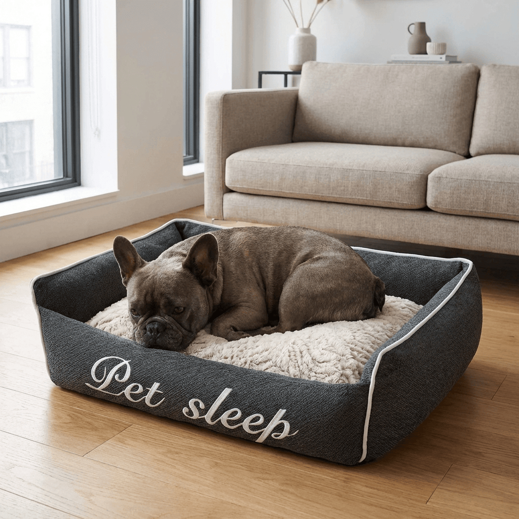 Square Pet Sleep Bed for dogs and cats, soft and cushioned with stylish text embroidery, perfect for pet comfort.