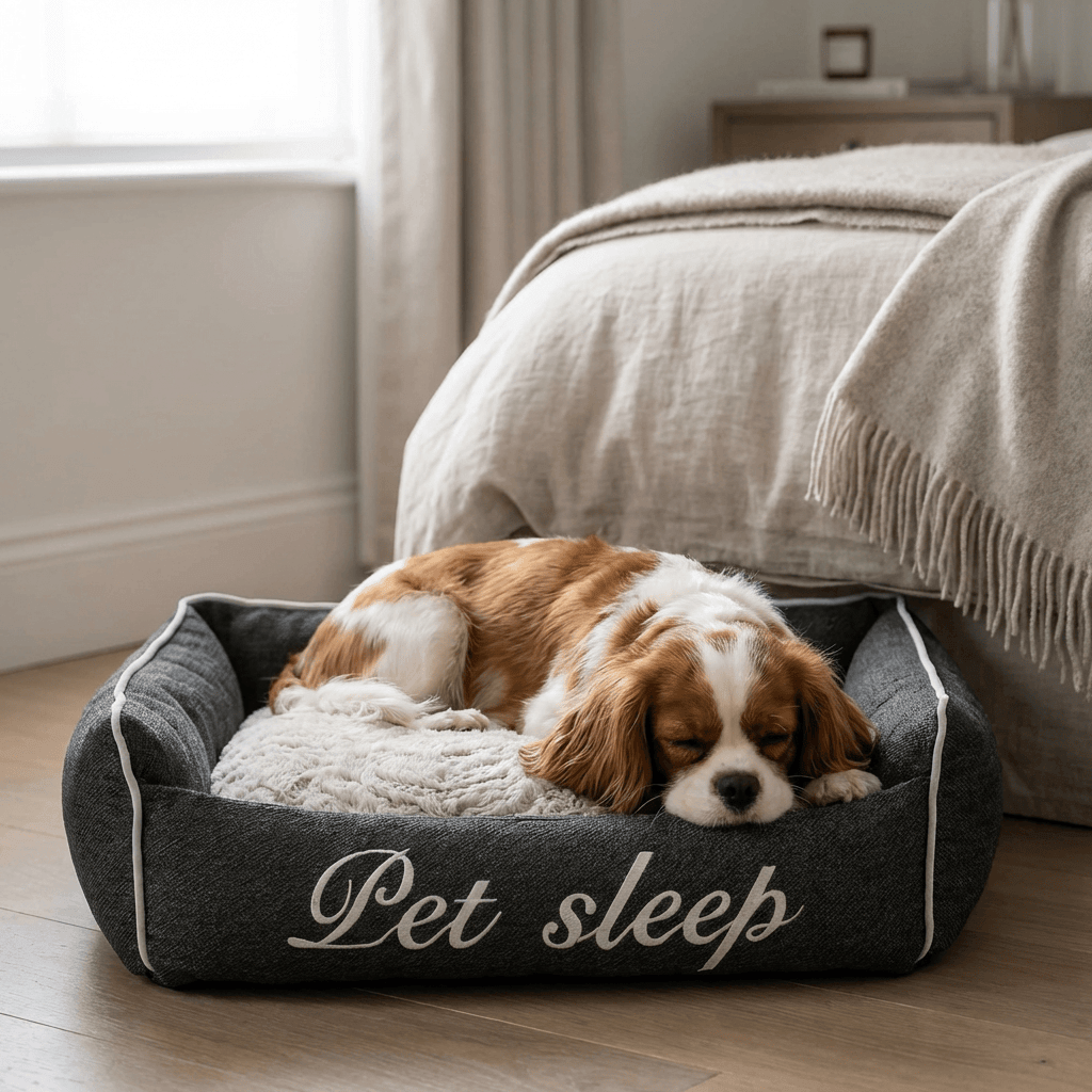 Square Pet Sleep Bed for dogs and cats, soft cushioned bed with text embroidery, perfect for snuggling.