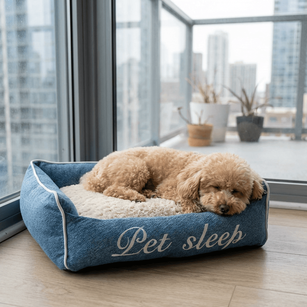 Square Pet Sleep Bed for dogs and cats, soft polyester filling, stylish design with 'Pet sleep' embroidery.