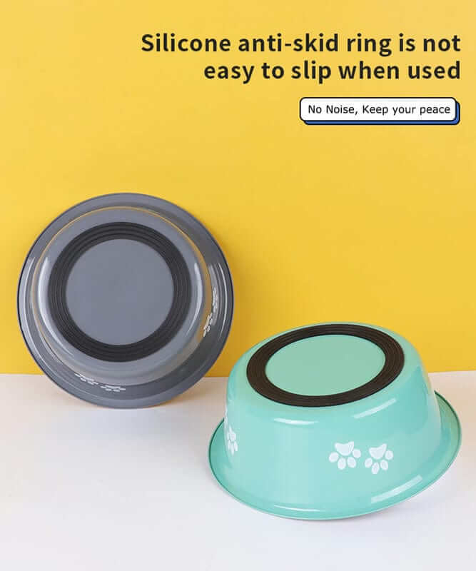 Stainless Steel Dog Bowl showing silicone anti-skid ring for stability and no noise during use.