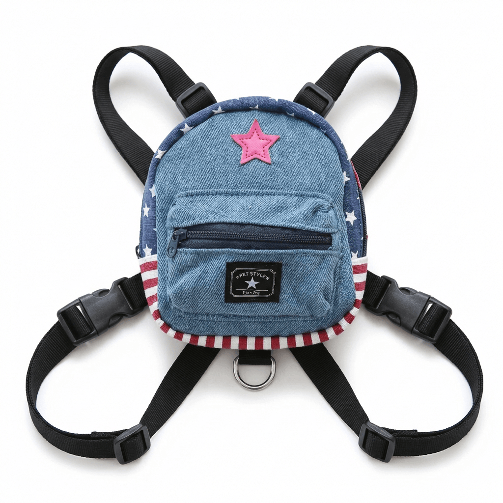 Star Denim Pet Schoolbag for dogs, features zip pocket, padded comfort, breathable fabric, by Dogs & Cats.