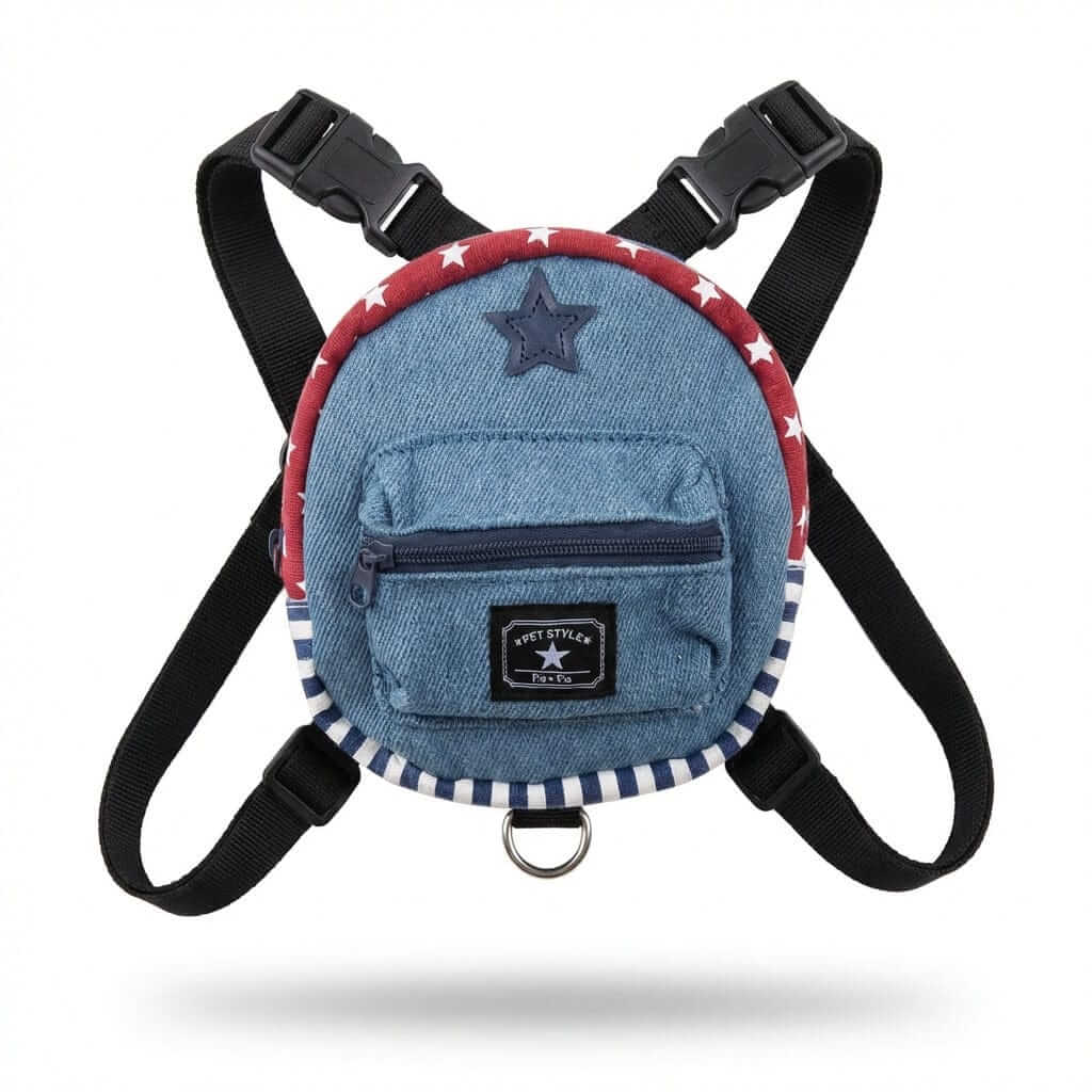 Star Denim Pet Schoolbag, lightweight backpack, zip pocket, padded for comfort, adjustable belly straps for dogs & cats.