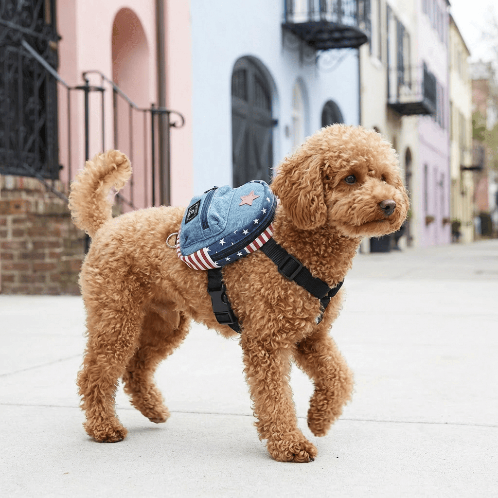 Star Denim Pet Schoolbag on a dog walking outside, lightweight backpack with a zip pocket, perfect for dogs and cats.
