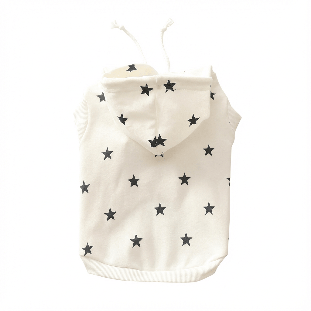 Star Printed Dog Hoodie in white with black stars, designed for stylish dogs, featuring a comfy fabric and easy slip-on design.