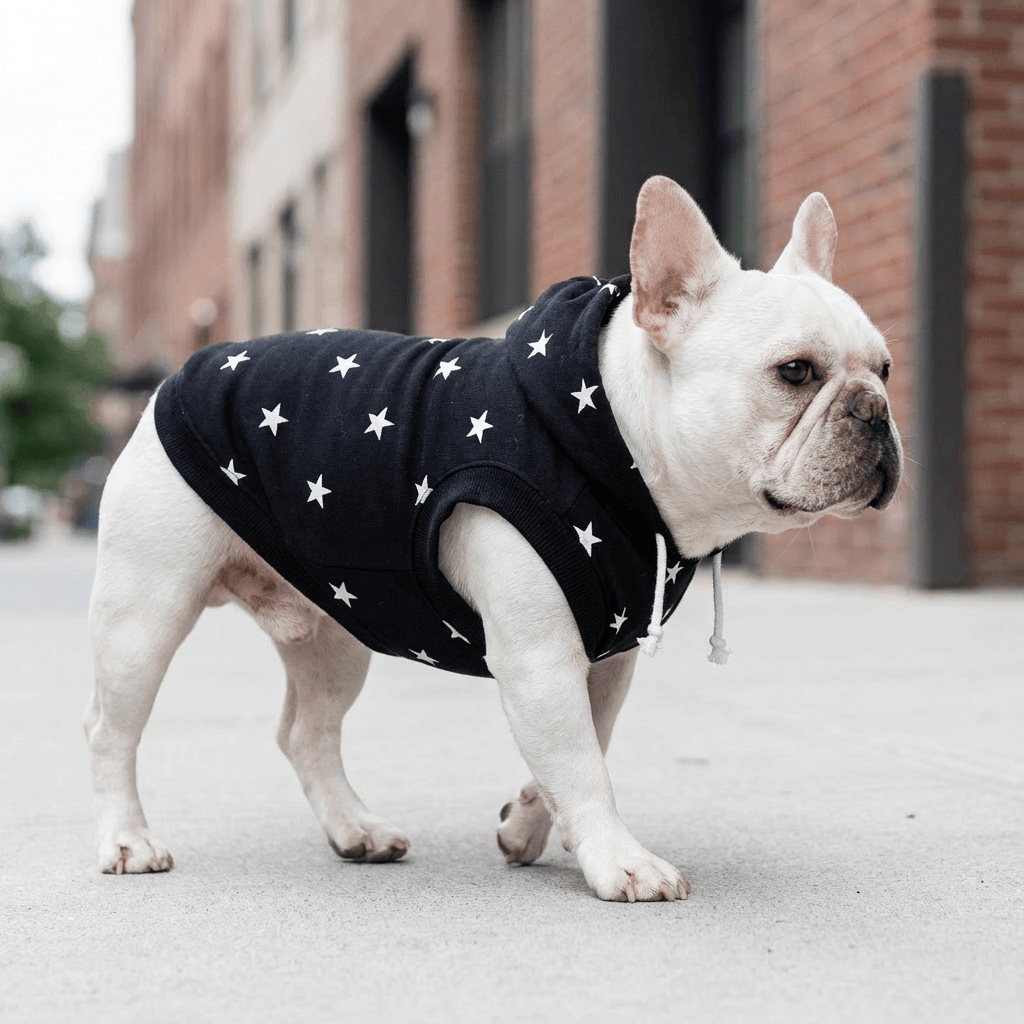 Star Printed Dog Hoodie on a French Bulldog, featuring a comfy fabric and stylish star print for dogs.