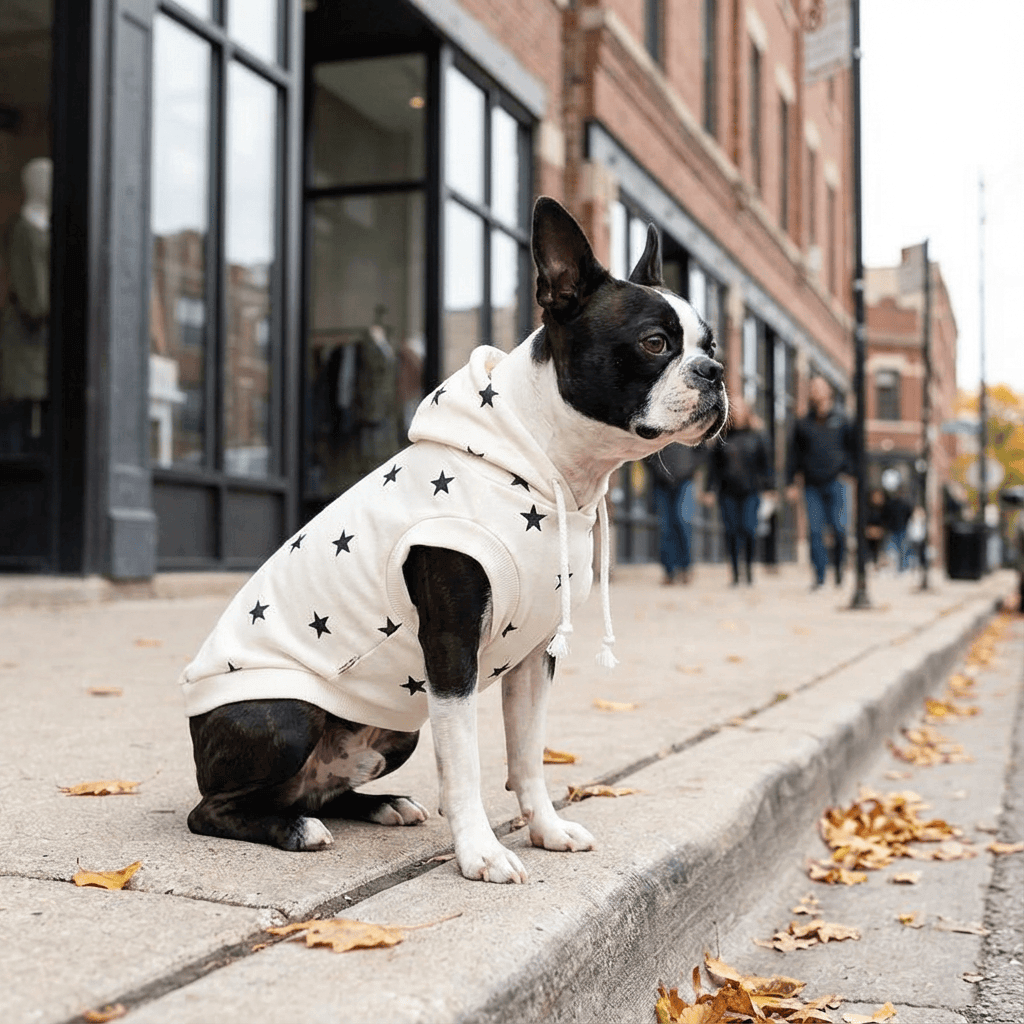 Star Printed Dog Hoodie on a dog outdoors, featuring star print, comfy fabric, and easy slip-on design, by Dogs & Cats.