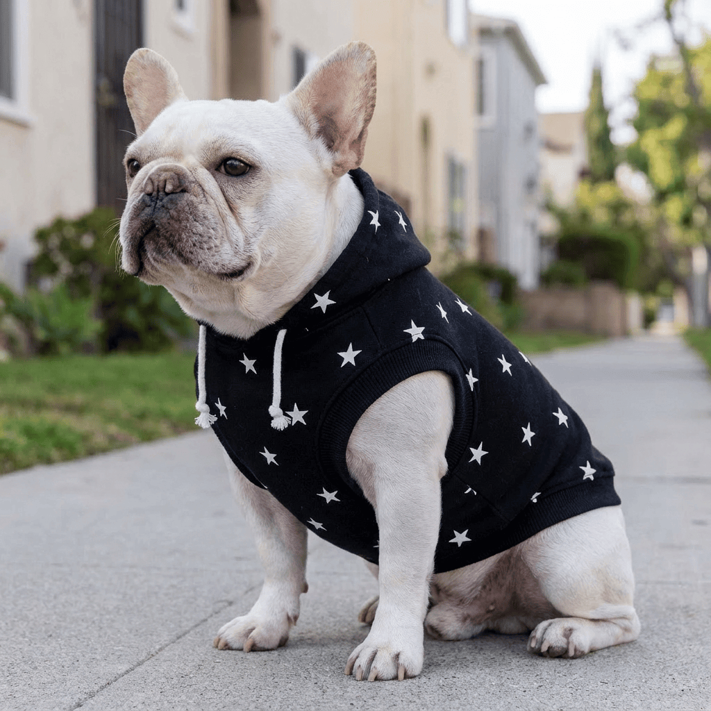 Star Printed Dog Hoodie on a French Bulldog, featuring a comfy fabric and no-hassle slip-on design by Dogs & Cats.