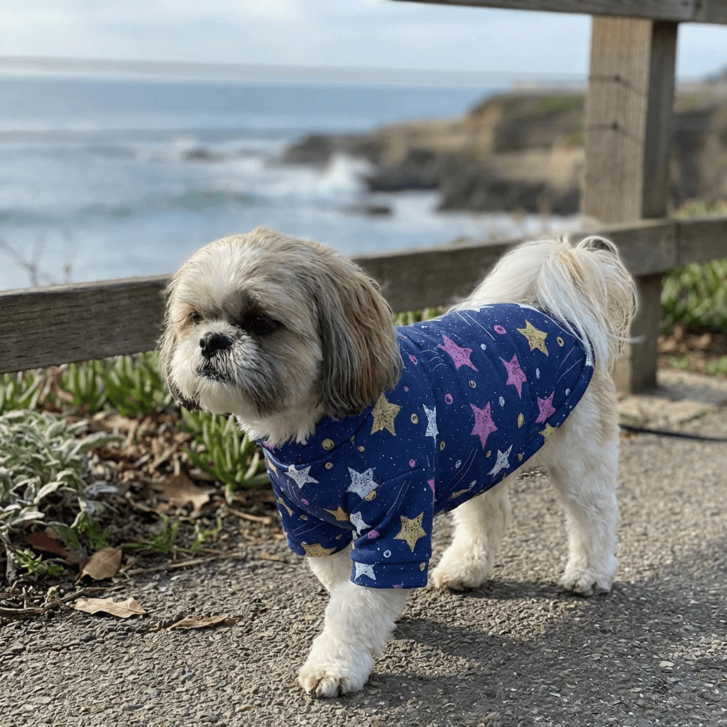Stars Print Dog Fleece Sweater on a dog by the ocean, featuring star design, breathable fabric for comfort, perfect for dogs and cats.
